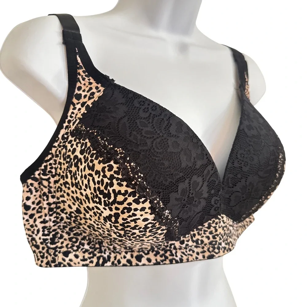 Gloria Vanderbilt Leopard Print Lace Wireless Bra Black‎ Tan 42C Molded Cups